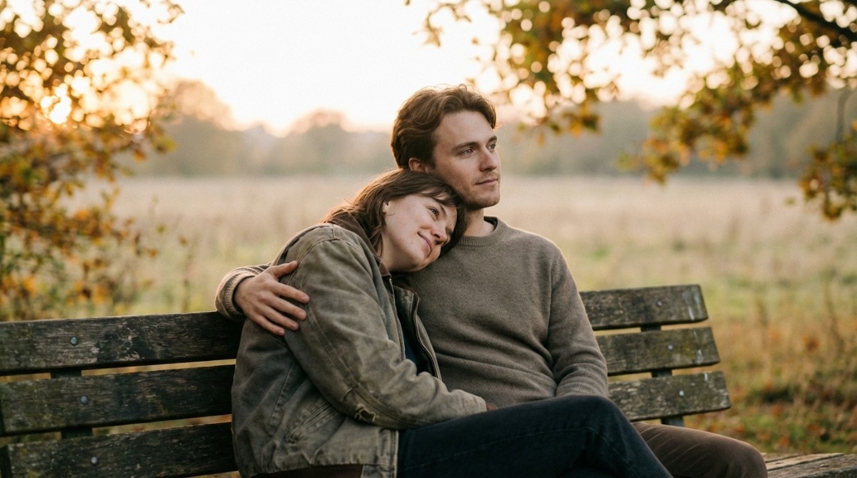 Couple sitting on park bench during sunset sharing a quiet romantic moment