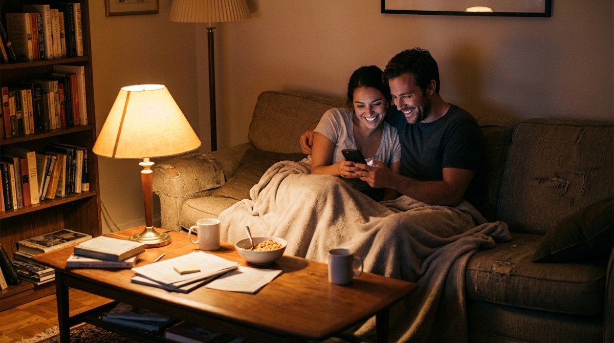 Couple sitting on couch at night smiling while looking at phone together