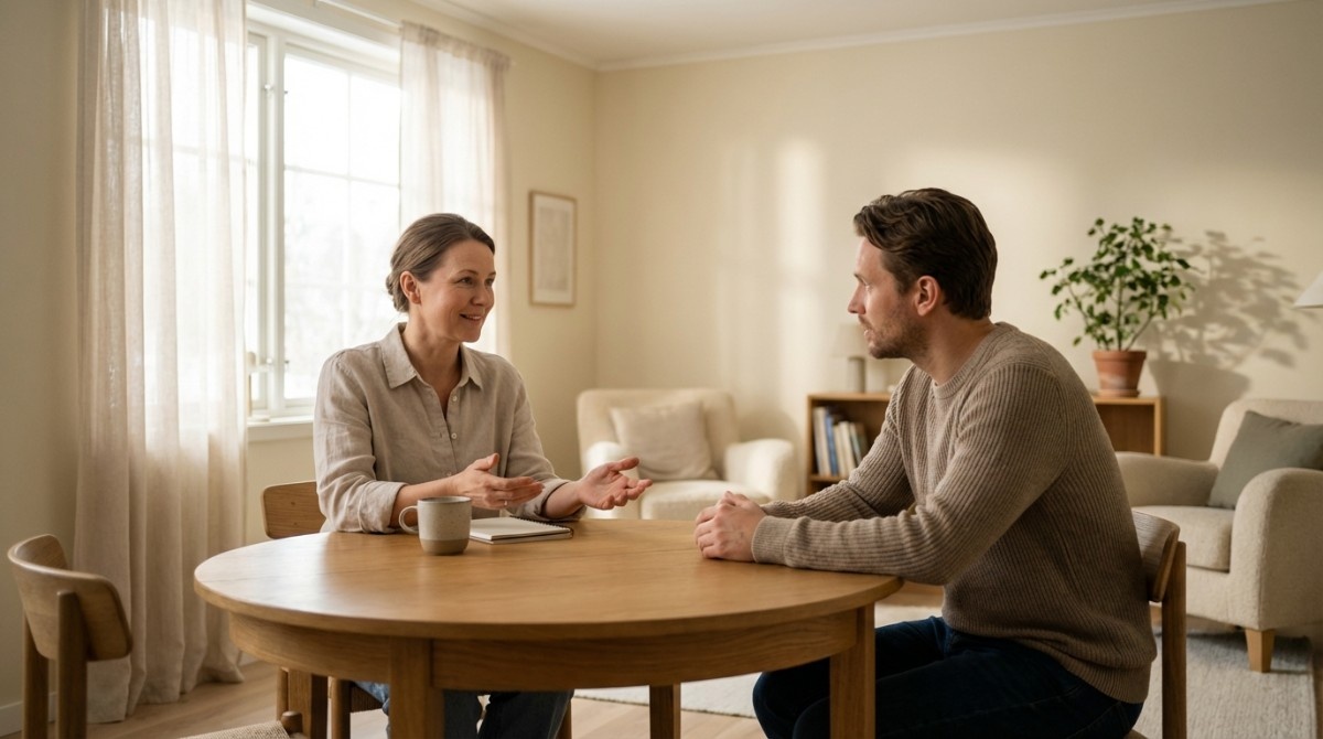 Man and woman sitting at a table having a serious relationship discussion, focusing on communication and emotional understanding.