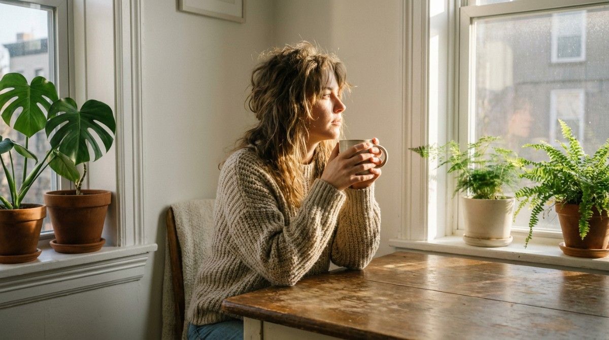 Woman sitting by a window holding a cup of coffee, reflecting on feelings, self-awareness, and relationship decisions.