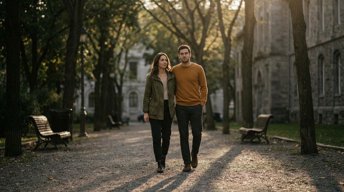 Couple walking together in a tree-lined park during golden hour, symbolizing healthy relationship bonding and emotional intimacy.