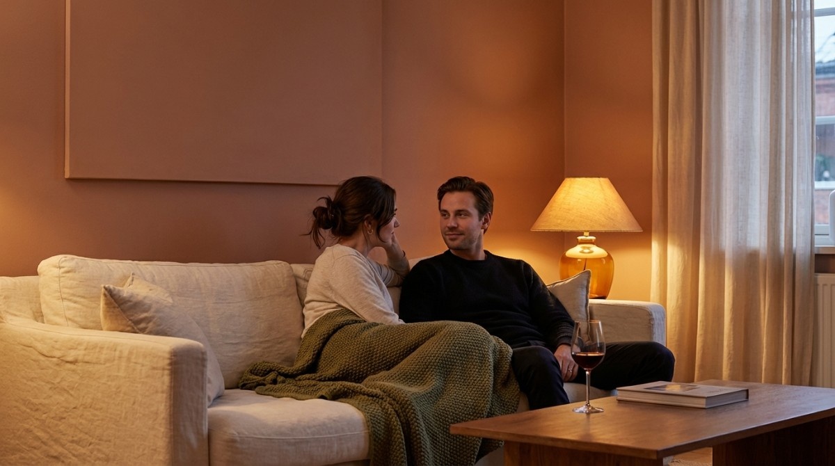 Couple sitting on a sofa in a warmly lit living room talking to each other, wine glass on table, cozy atmosphere.