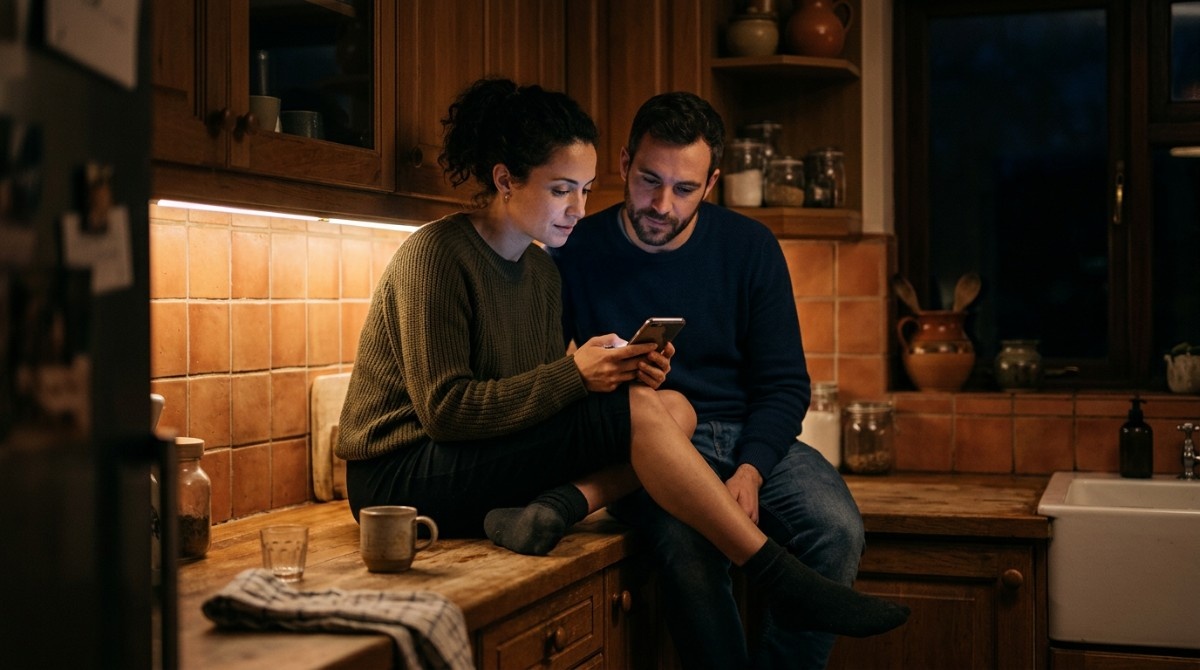 Couple sitting on a kitchen counter at night looking at a smartphone together, warm lighting, modern home setting.