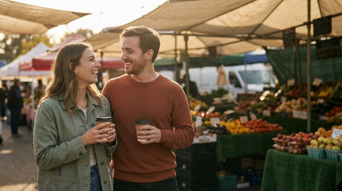 Smiling couple walking through an outdoor market holding coffee cups with fresh produce stalls in the background