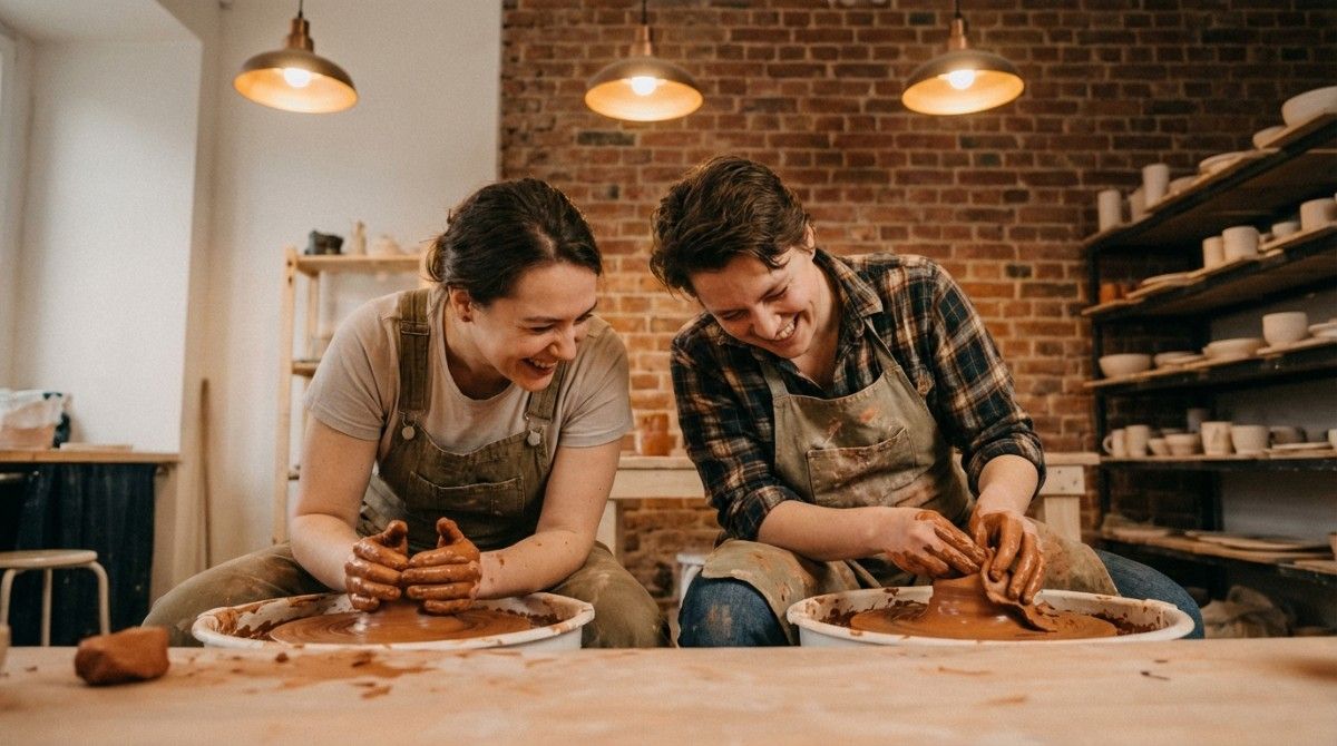 Couple working together on a pottery wheel, shaping clay and laughing in a creative studio with warm lighting