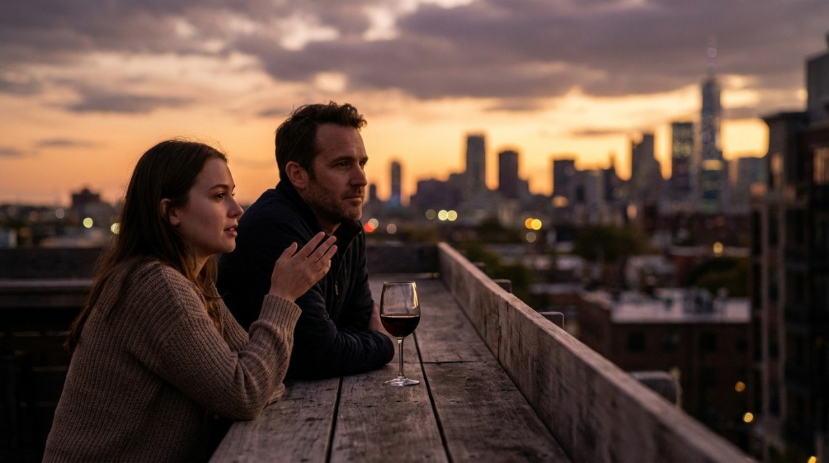 Man and woman sitting on a rooftop at sunset overlooking a city skyline with a glass of wine, having a thoughtful conversation