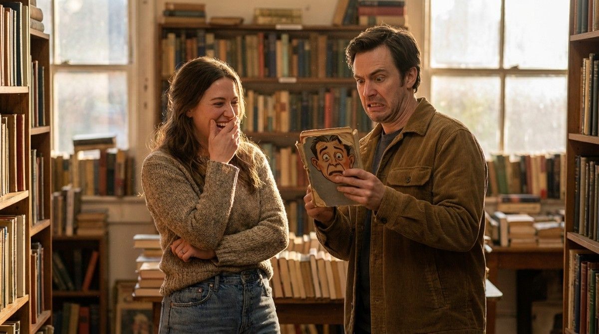 Man making a funny face while reading a book as a woman laughs beside him in a cozy room filled with books