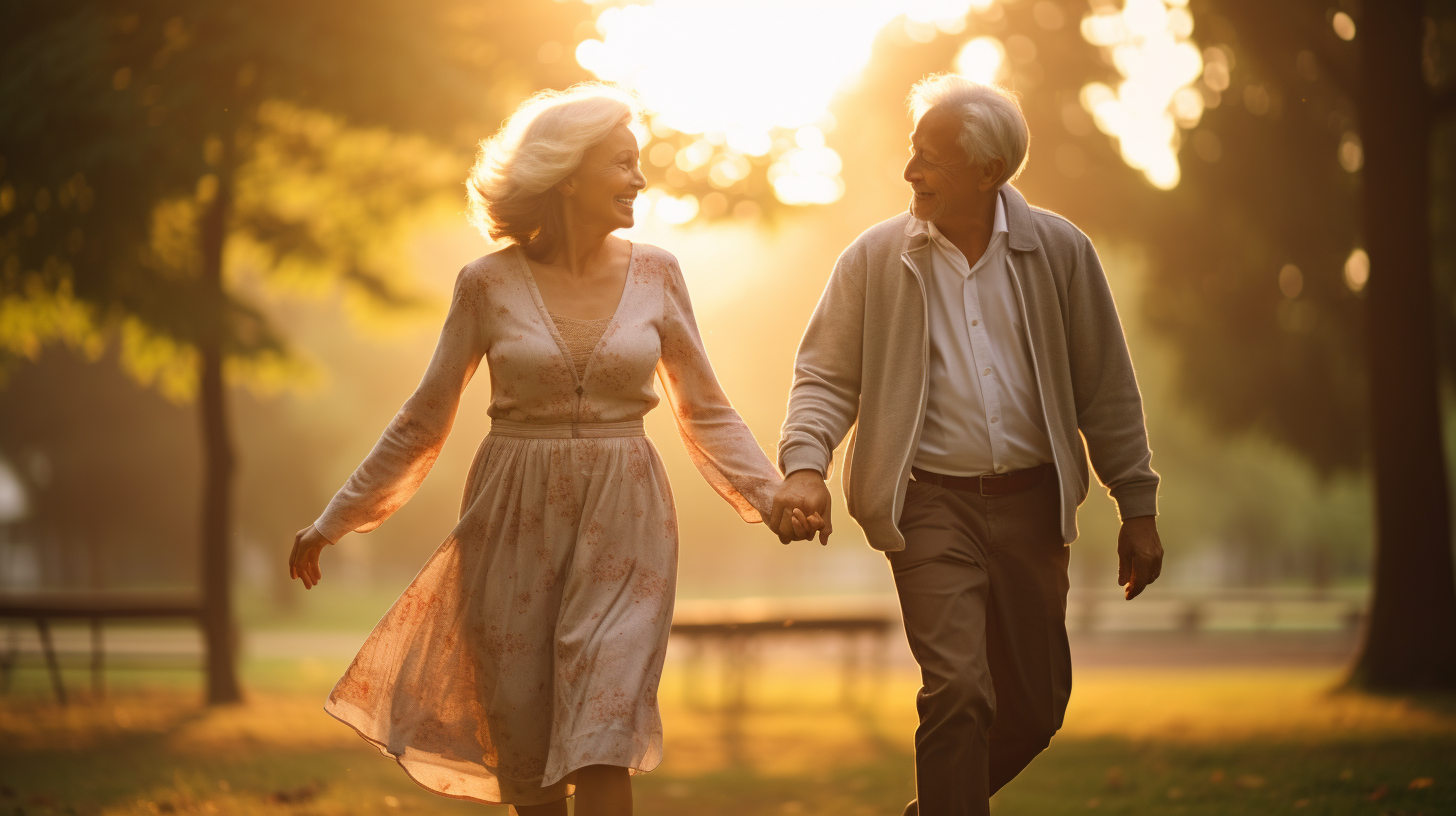 Joyful elderly couple holding hands, symbolizing decades of enduring love and companionship, walking in a serene park at sunset.