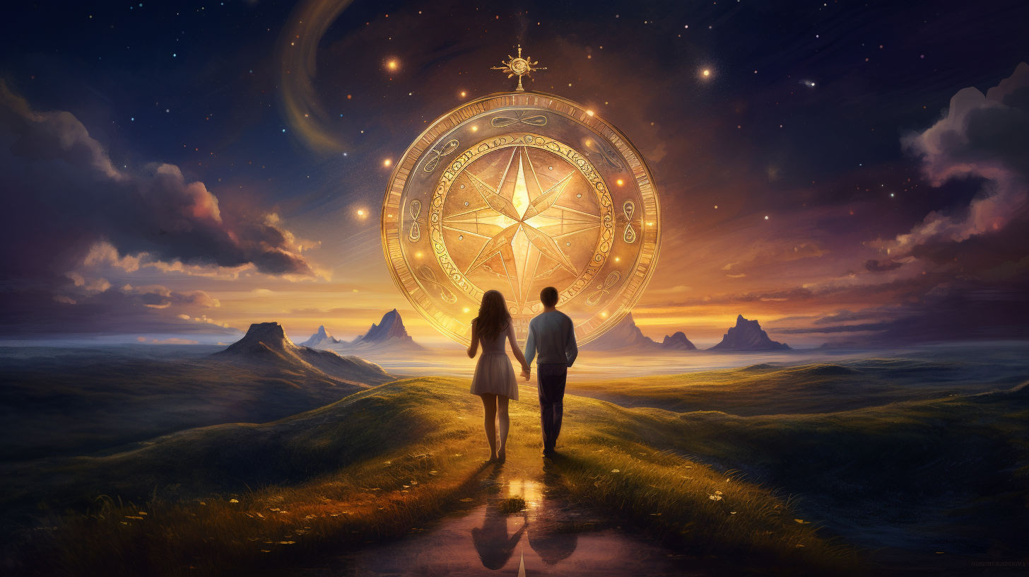 Couple holding a golden compass on cloud path, navigating evolving relationship goals from night to day.