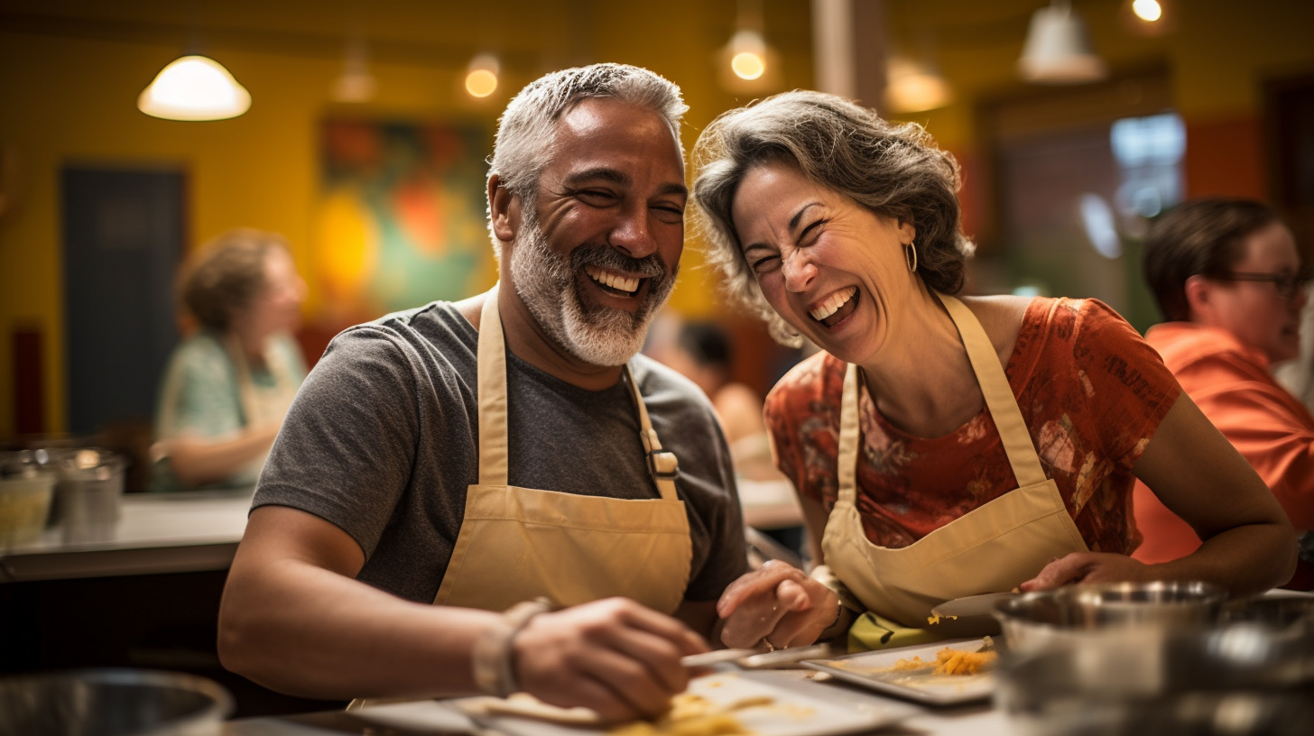 Couple joyfully drawing in painting class with other couples participating in diverse shared hobbies in the background.