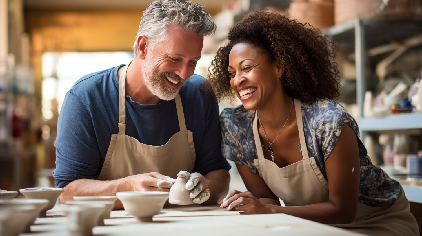 Couple joyfully molding clay in pottery class with other couples participating in diverse shared hobbies in the background.