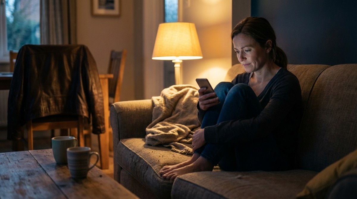 Sad woman sitting on a couch at night looking at her phone, feeling lonely and emotionally distant
