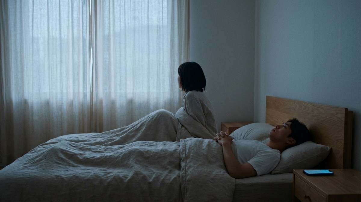 Man lying awake while woman sits turned away in bed, showing relationship distance and lack of communication