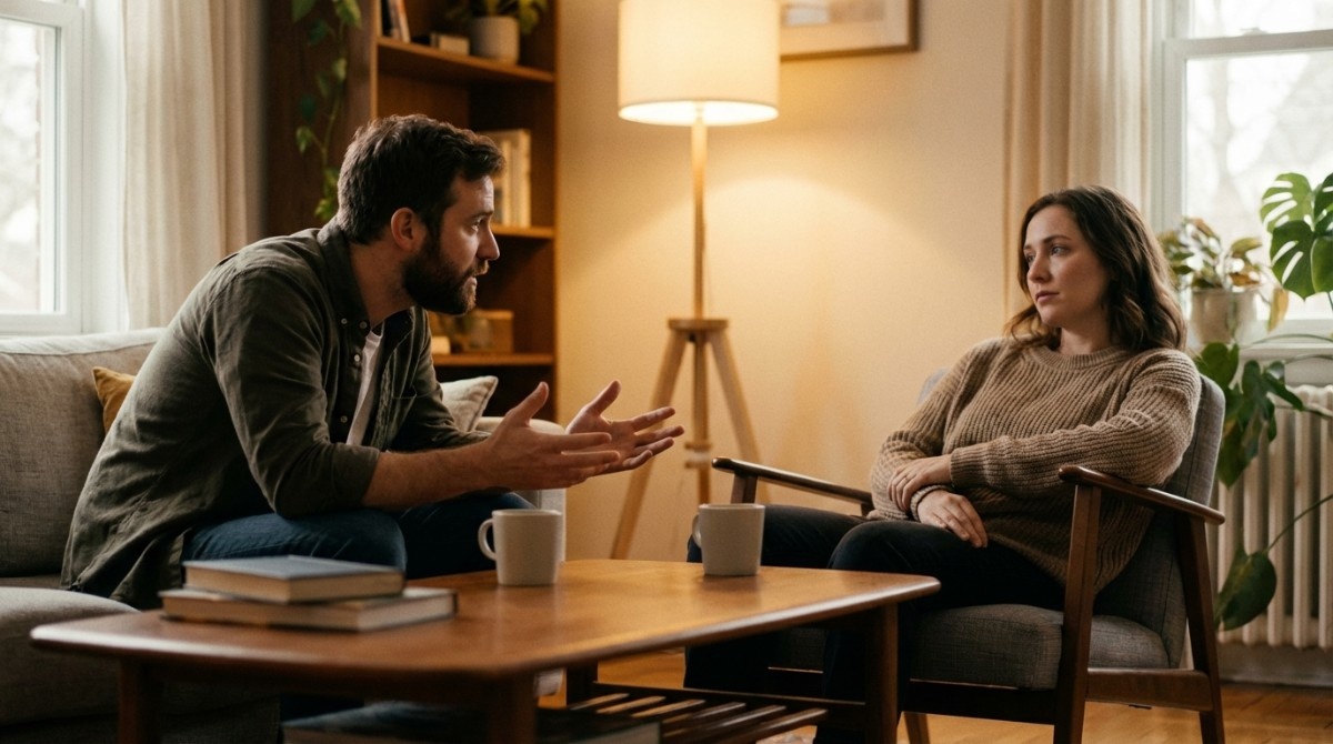 Man explaining something emotionally while sitting across from a woman during a serious relationship discussion at home