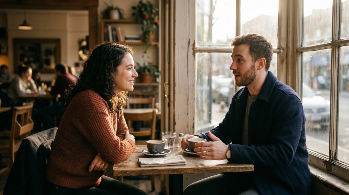 Couple talking over coffee during casual café date