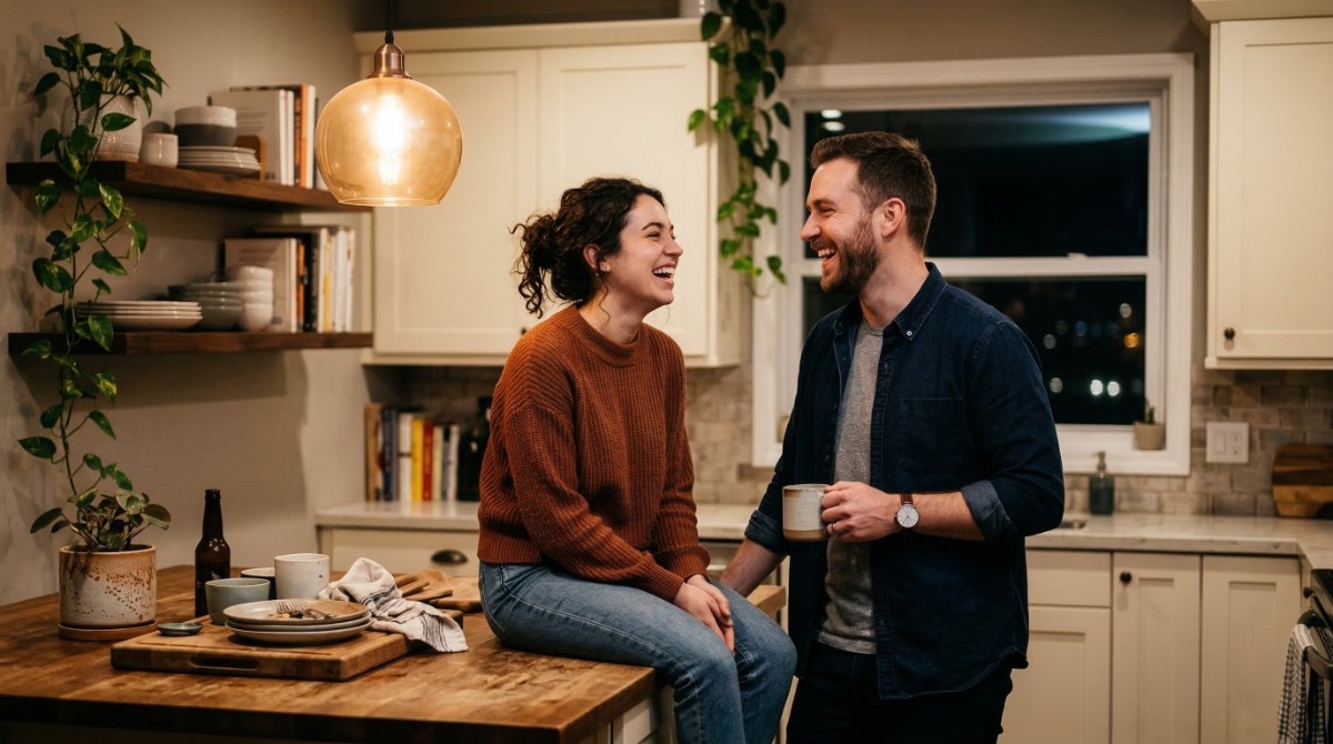 Happy couple laughing together in cozy kitchen at home