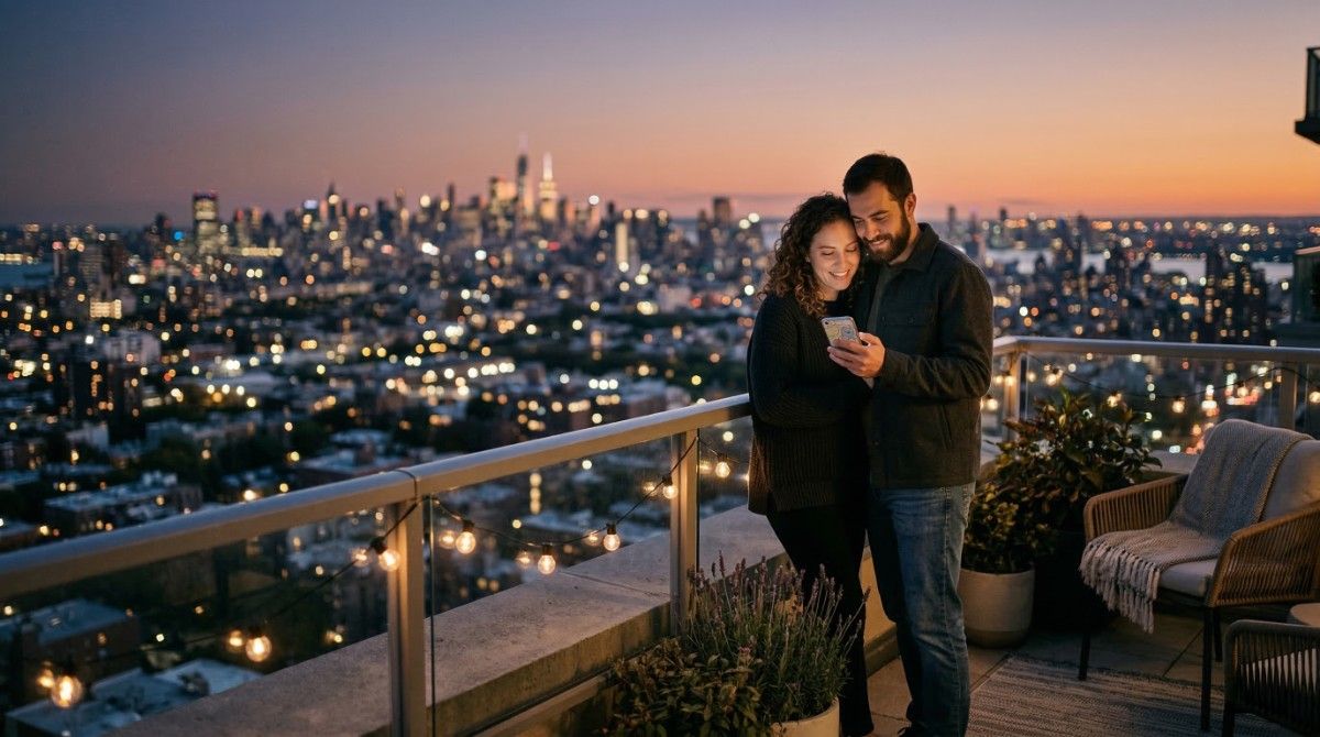 Couple checking phone together on romantic city balcony