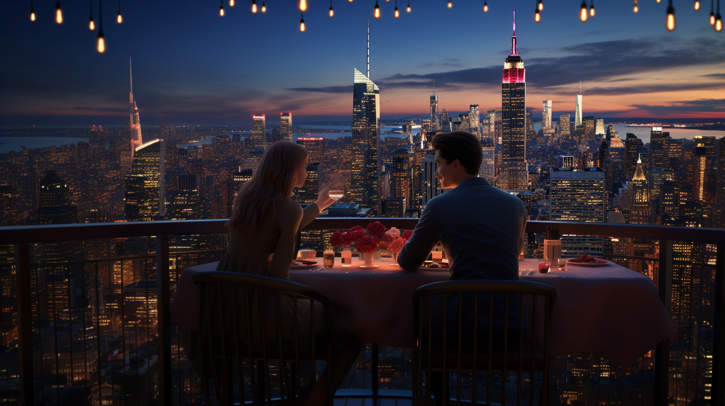 Couple enjoying rooftop dinner against cityscape at twilight, symbolizing quality time amidst busy schedules.