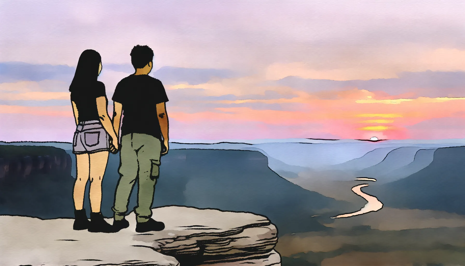Cartoon of couple looking at sunset