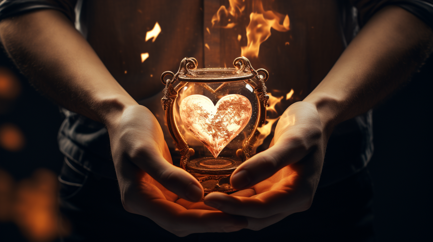 Intertwined hands holding firm with glowing heart flame, against the backdrop of an hourglass representing the passage of time in relationships.