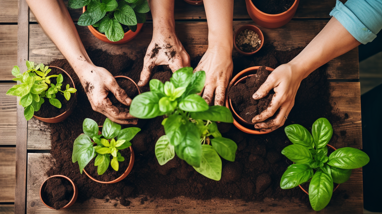 Hands planting sapling in balcony garden with potted plants and eco-friendly DIY crafts.