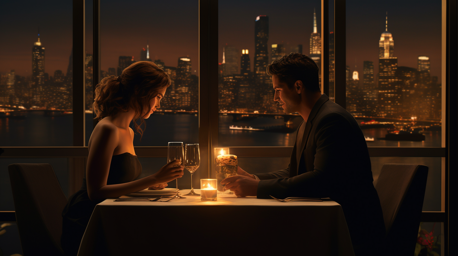 Couples, in casual wear, intimately sharing a candlelit dinner with their partner against a city skyline backdrop. 