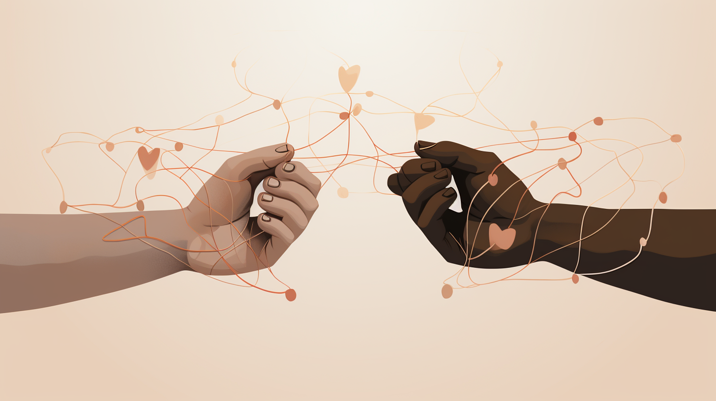 Interlinked diverse hands symbolizing unity with speech bubbles showcasing elements of effective communication against a calming twilight background.