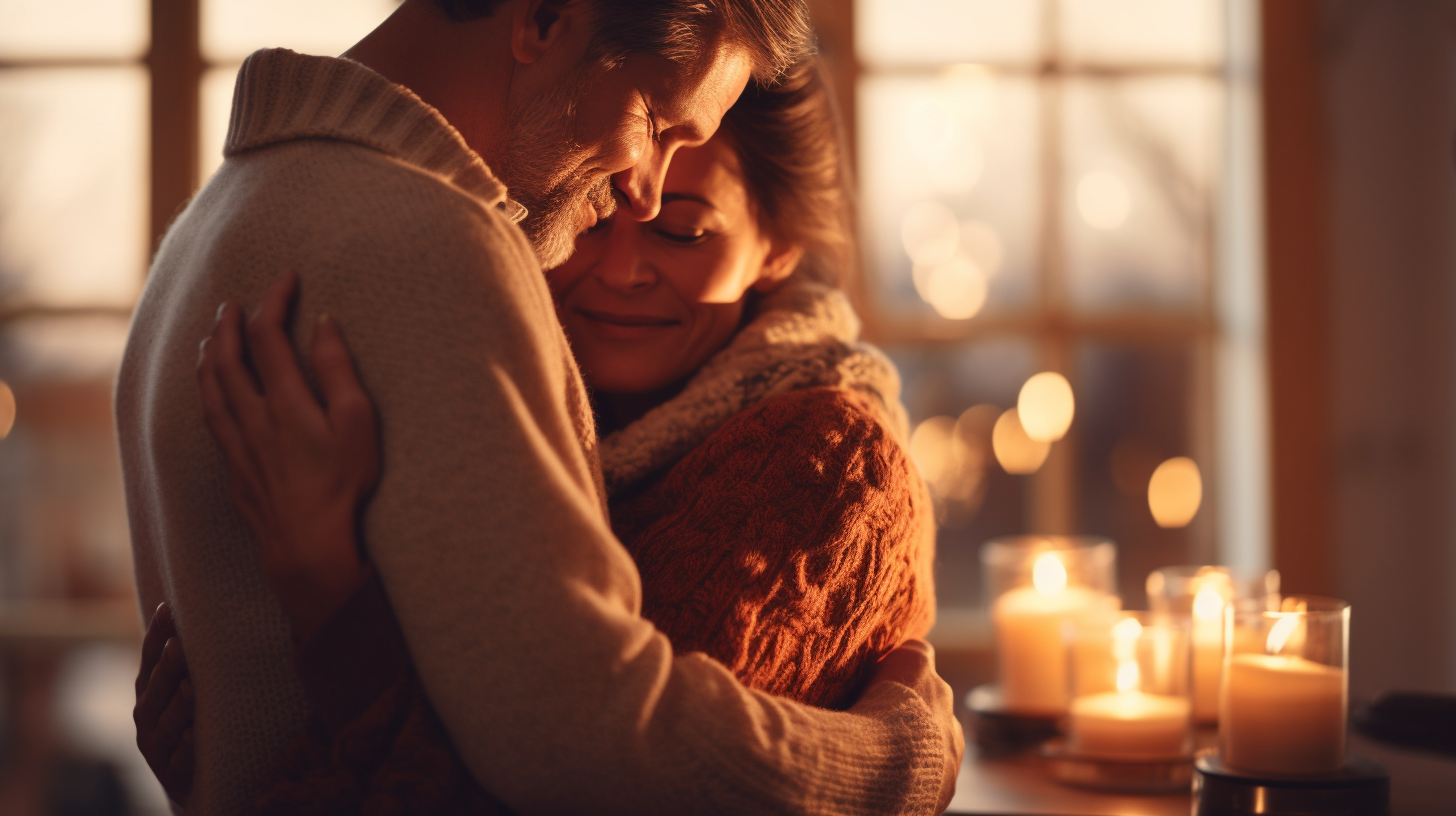 A close-up of a intertwined couple, demonstrating the love language of acts of service, set against a blurred backdrop of a cozy home setting with warm, golden lighting.