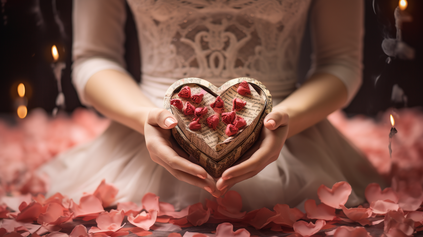 Hands holding heart-shaped gift box amidst rose petals and love letters, symbolizing the love language of receiving gifts.