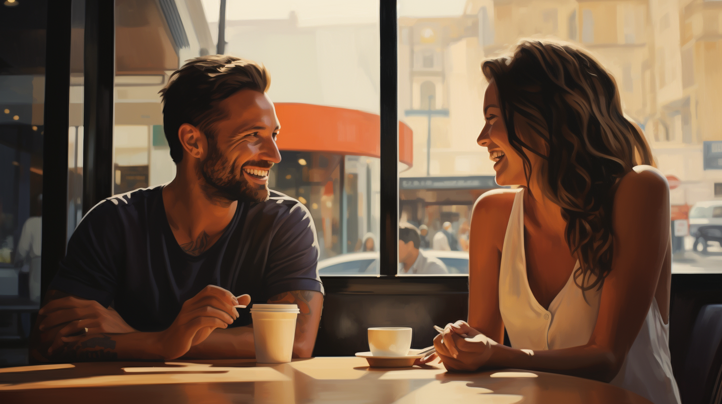 A contemporary couple, laughing and sharing a genuine moment over a simple coffee date, with a bustling modern city café in the background.