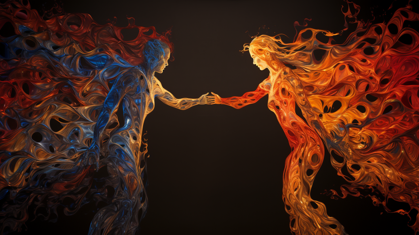 Silhouettes connecting with vibrant colors representing love's hormones against a backdrop of an oxytocin molecule and brain activations, under a starry night symbolizing the universal nature of love.