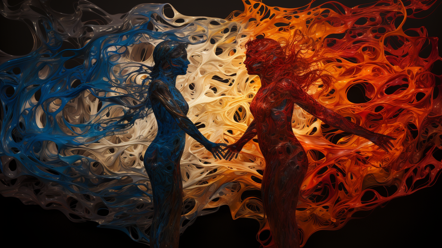Silhouettes connecting with vibrant colors representing love's hormones against a backdrop of an oxytocin molecule and brain activations, under a starry night symbolizing the universal nature of love.