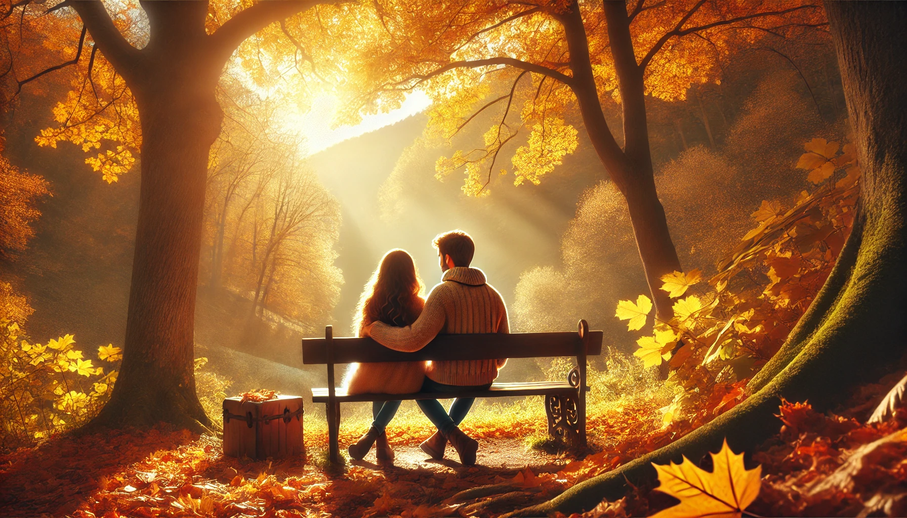 romantic landscape image featuring a couple sitting close together in a scenic park during autumn