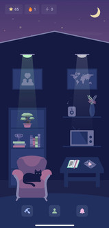 cozy couple app homepage of virtual house with cat, plant, and other items