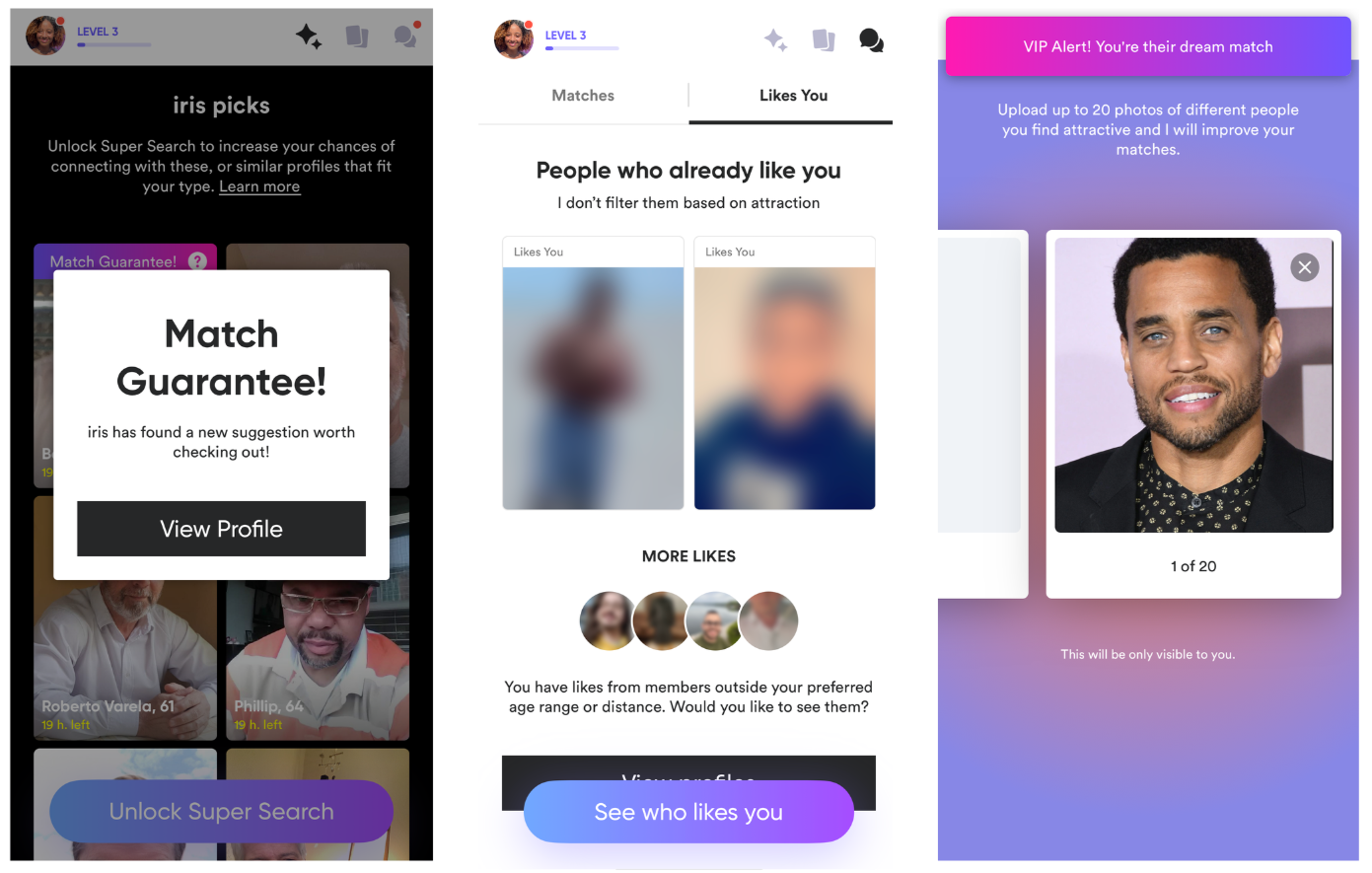 screenshot of iris dating app