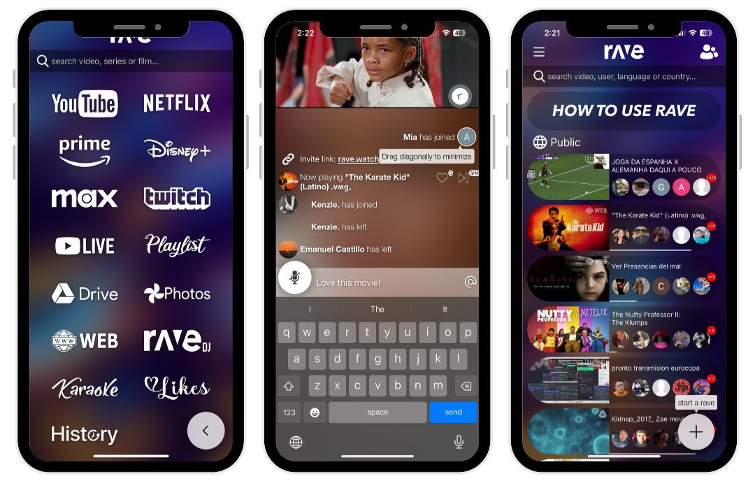 screenshots of rave app homepage
