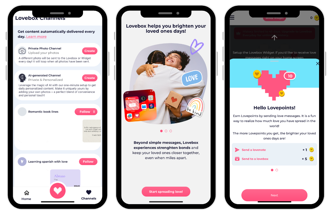 screenshots of lovebox app homepage