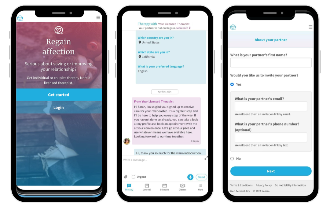 screenshots of regain by better help app homepage