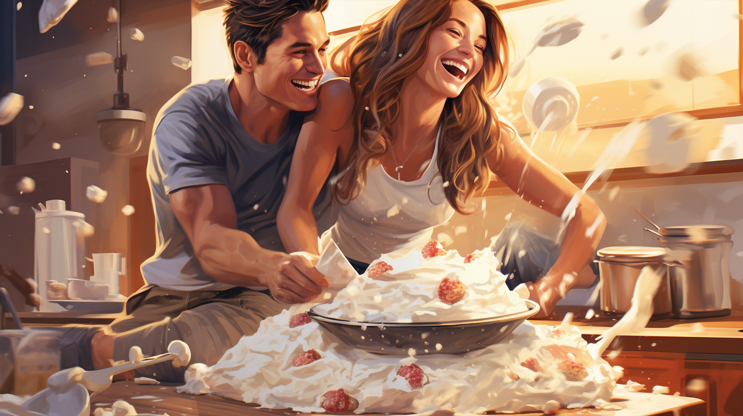 A couple playing in the kitchen with cream and marshmallows.