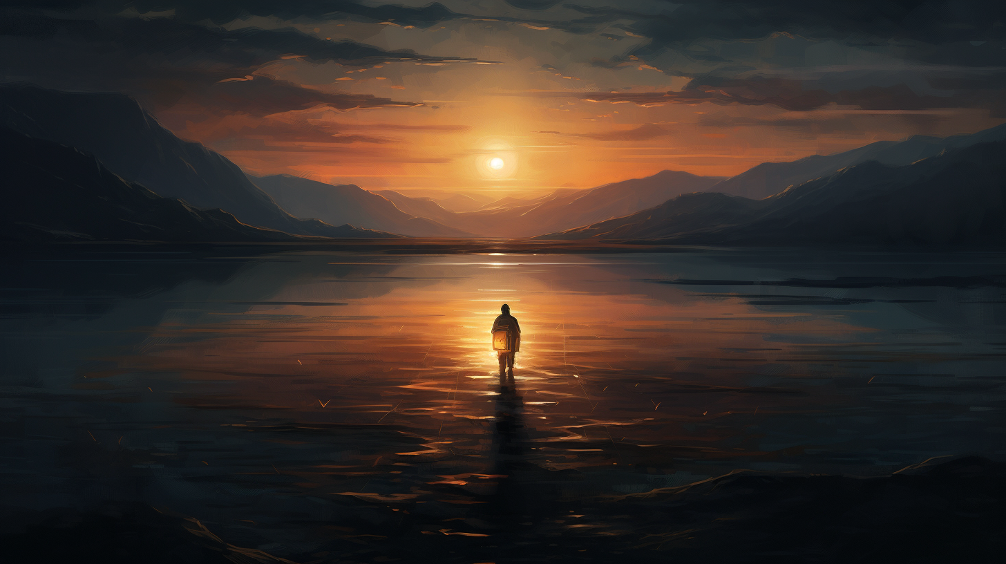 Person holding lantern beside calm lake, symbolizing the transition from grief's darkness to the hope of healing at dawn. Image 4.