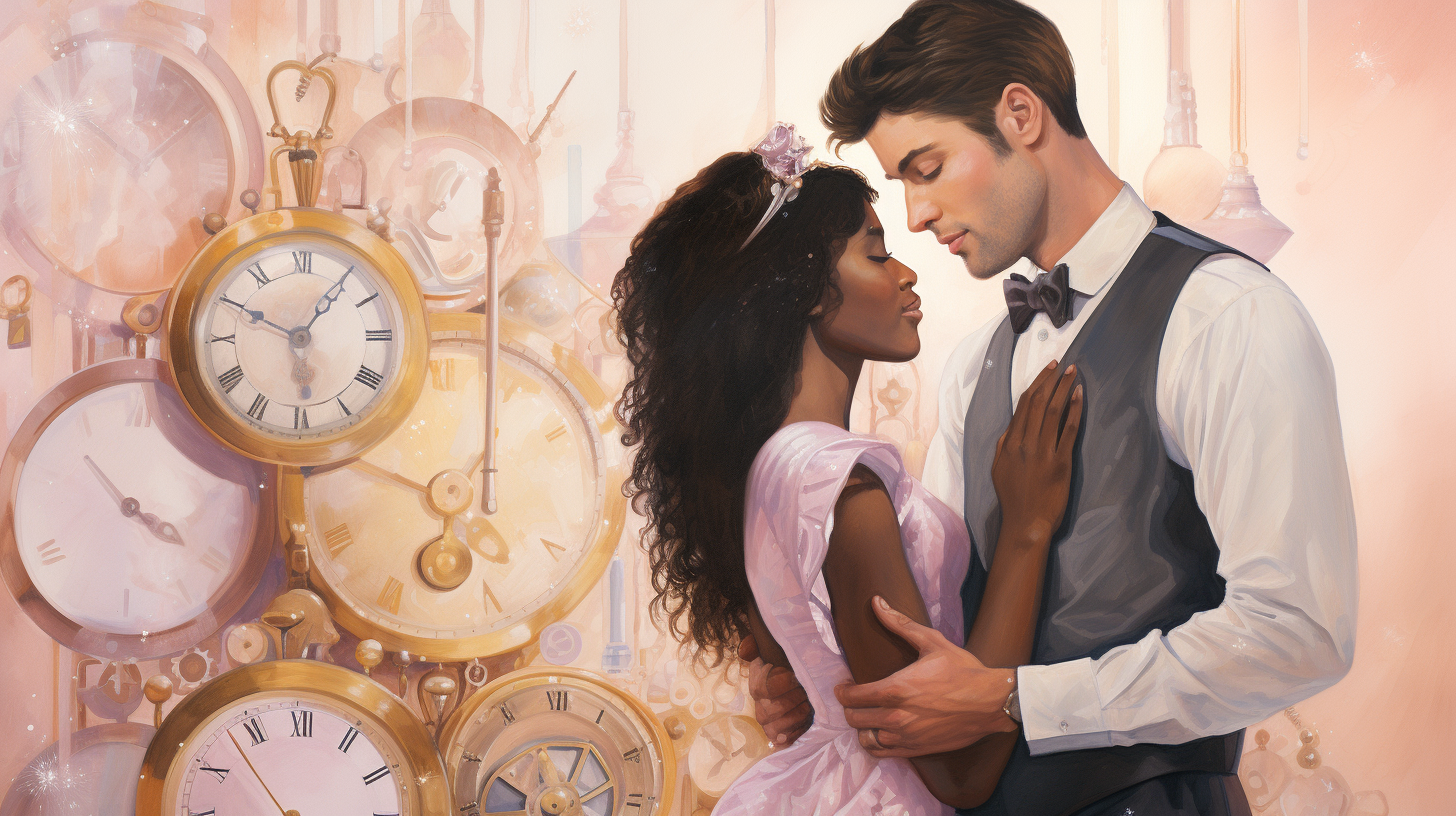 Diverse couple showcasing five love languages symbols against a pastel background with relevant icons.