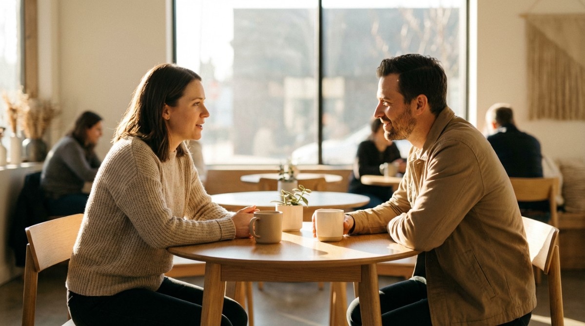 Man and woman sitting at a café table with coffee, smiling and talking during a casual date in natural sunlight.