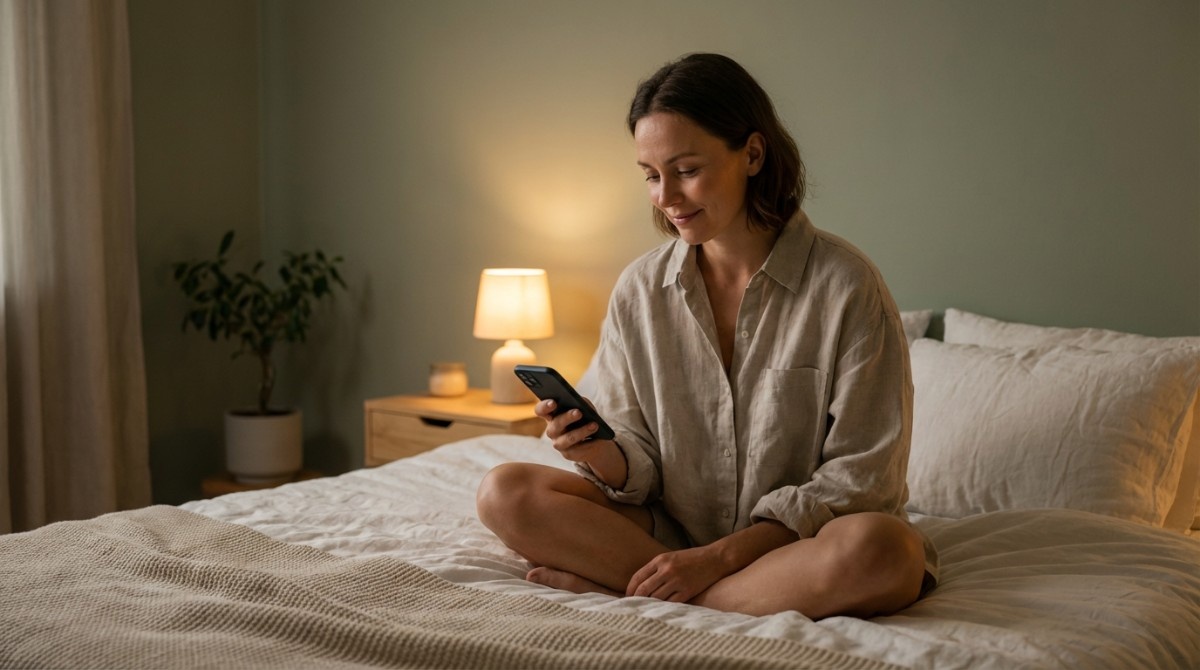 Woman sitting on bed at night looking at her phone with soft lighting, reflecting on a text message in a calm bedroom setting.