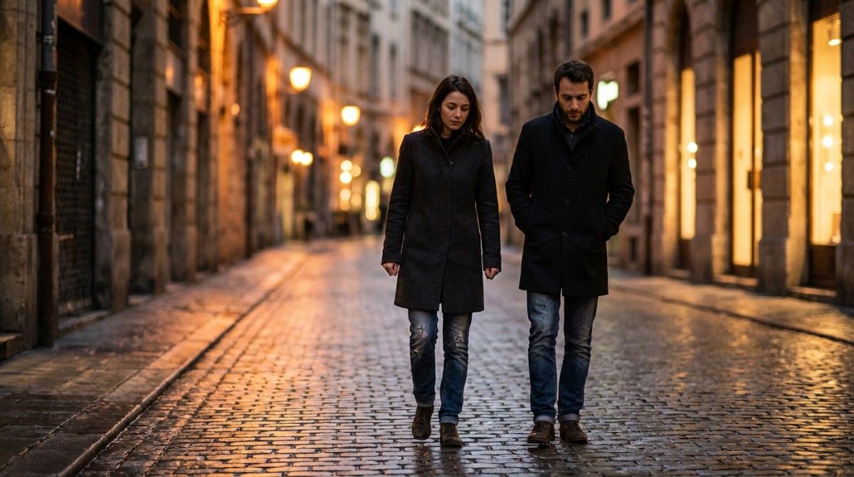 Man and woman walking apart on an empty street at dusk, both looking down, showing emotional distance or conflict.