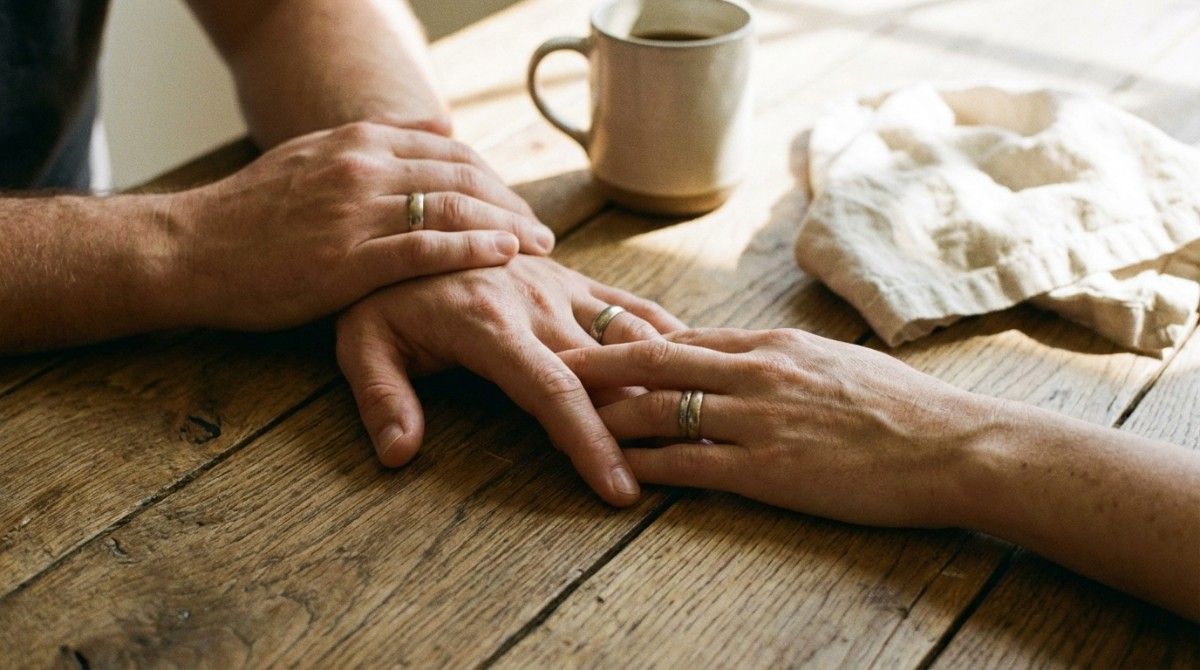 Close-up of a couple holding hands on a wooden table with coffee mugs, showing intimacy and connection.