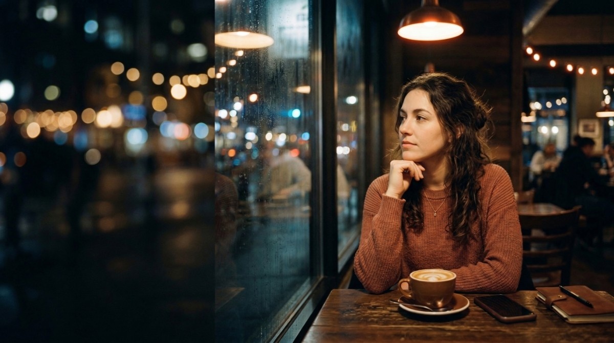 Woman sitting alone in café at night reflecting on relationship