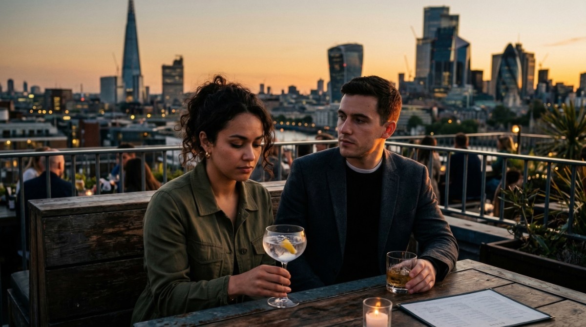 Couple on rooftop date showing emotional tension and awkward silence