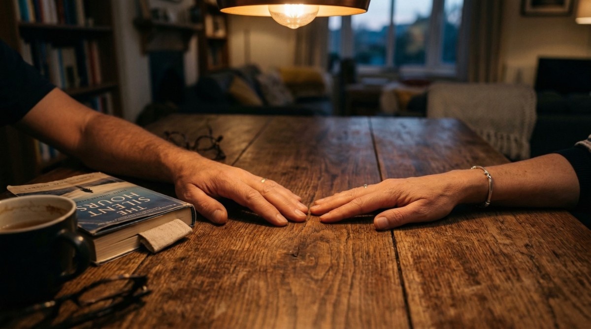 Two hands almost touching across table symbolizing emotional distance