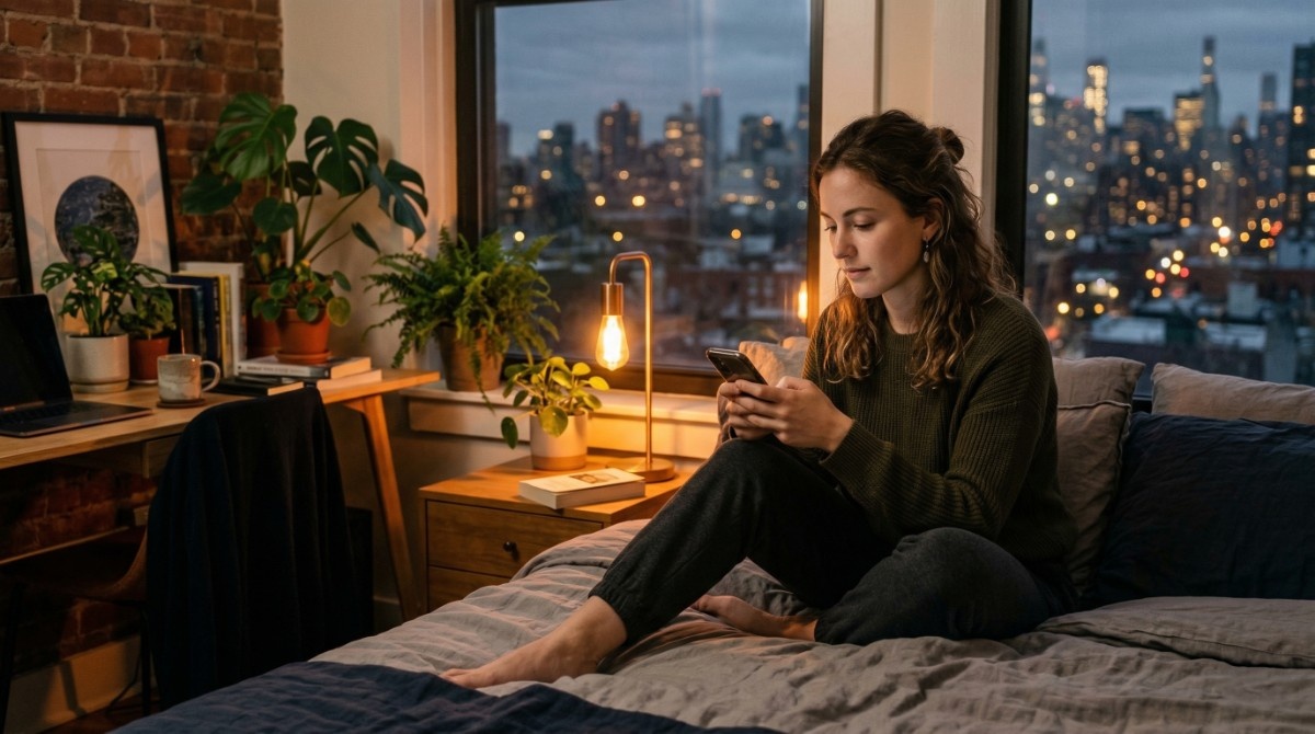 Woman sitting on bed at night texting and waiting for reply