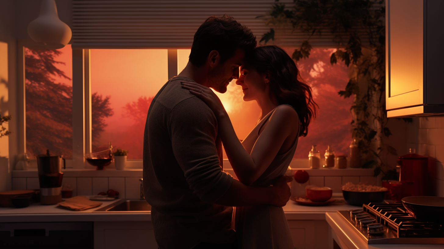 Hollywood romance with genuine couple moment; candid kitchen laughter.